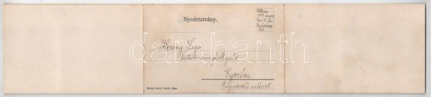 1914 Eger, látkép. Károly Gyula kiadása. 3-részes kihajtható panorámalap (hajtásnál szakadt / torn a...