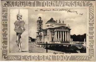 1907 Eger, Főszékesegyház. Ép testben ép lélek Kerületi Tornaverseny Egerben 1907. Art Nouveau, címeres keret