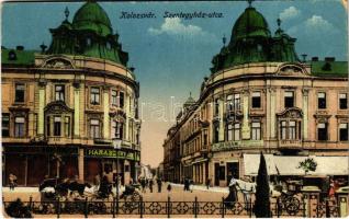 Kolozsvár, Cluj; Szentegyház utca, Haraszthy üzlete. Kuhn Albert kiadása / street view, shops (kopott sarkak / worn corners)