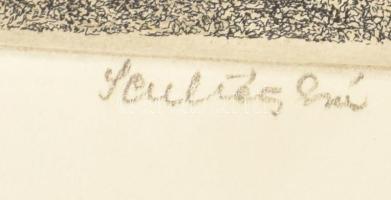 Scultéty Éva (1917-2001): Hegyvidéki táj. Rézkarc, papír, jelzett, 24,5×29 cm