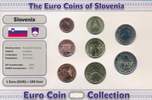 Szlovénia 2007-2009. 1c-2E (8xklf) forgalmi összeállítás "The Euro Coins of Slovenia" karton díszlapon T:AU  Slovenia 2007-2009. 1 Cent - 2 Euro (8xdiff) coin set in "The Euro Coins of Slovenia" cardboard display sheet C:AU