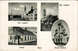 Élesd, Alesd; Katolikus, református és román templom, paplak / Catholic, Calvinist and Romanian churches, parish