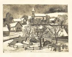 Fejes István (1940-1982): Örvényes télen. Rézkarc, papír, jelzett, számozott (93/100), kissé foltos, 29x39 cm.