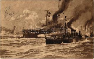 1915 Beschießung von Antivari durch eine österreichisch-ungarische Flottendivision am 18. Sept. SMS Budapest, SM Torpedoboot Phönix. K.u.K. Kriegsmarine / Antivari (Bar) bombázása az Osztrák-Magyar Haditengerészet SMS Budapest Monarch-osztályú partvédő páncélosa és a "Phönix" KAIMAN-osztályú torpedónaszád által / WWI Austro-Hungarian Navy art postcard. Bombardment of Antivari by SMS Budapest coastal defense ship and "Phönix" (later 67 F) torpedo boat s: Alex Kircher + "K.U.K. KRIEGSMARINE SM SCHIFF GAMMA"