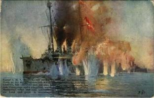 1915 Kampf SMS Zenta am 16. August 1914 mit der französischen Flotte an der montenegrischen Küste. K.u.K. Kriegsmarine. Offizielle Karte für Rotes Kreuz. Kriegsfürsorgeamt Kriegshilfsbüro Nr. 30. / WWI Austro-Hungarian Navy art postcard. The downfall of SMS Zenta protected cruiser, after getting trapped by seventeen French and British naval units consisting of battleships and armoured cruisers (EK) + "K.U.K. KRIEGSMARINE ERZHERZOG FRANZ FERDINAND"