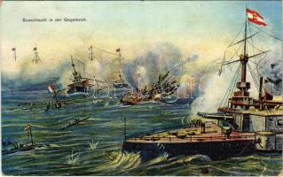 1914 Seeschlacht in der Gegenwart. K.u.K. Kriegsmarine / Első világháborús osztrák-magyar haditengerészeti művészlap / WWI Austro-Hungarian Navy art postcard, naval flag. G. Costalunga, Pola 1914/15. + "SM SCHIFF MONARCH" (EK)