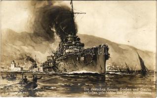 1915 Die deutschen Kreuzer Goeben und Breslau verlassen gefechtsklar den Hafen von Messina / WWI German Navy Cruisers Goeben and Breslau leave the port of Messina + "K.U.K. MARINEFELDPOSTAMT POLA" "SM SCHIFF BELLONA"