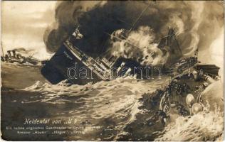 1915 Heldentat von U9 - Ein halbes englisches Geschwader in Grund beohrt! Kreuzer "Abukir", "Hogue", "Cressy" / WWI German Navy art postcard, submarine sinks 3 cruisers. artist signed + "K.U.K. KRIEGSMARINE SMS KAISER FRANZ JOSEF I" (EK)