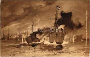 1914 Der kleine Kreuzer "Zenta" und Torpedobootzerstörer "Ulan" im Kampf mit der gesamten französischen Mittelmeerflotte am 16. August 1914. - K.u.K. Kriegsmarine / Osztrák-Magyar Haditengerészet "Zenta" védett cirkálója és az "Ulan" torpedóromboló (Zerstörer) harca a francia mediterrán flottával / WWI Austro-Hungarian Navy art postcard, SMS Zenta protected cruiser and SMS Ulan torpedo destroyer againts the French Mediterranean Fleet s: Harry Heusser + "K.U.K. MATROSEN CORPS REKRUTENSCHULE" (ázott sarok / wet corner)