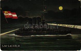 1914 Österreich-ungar. Panzerkreuzer SM Schiff "Kaiser Karl VI" K.u.K. Kriegsmarine / SMS Kaiser Karl VI. az Osztrák-Magyar Haditengerészet VI. Károly-osztályú páncélos cirkálója este / WWI Austro-Hungarian Navy SMS Kaiser Karl VI armored cruiser at night, naval flag. G. Fano, Pola 1909. No 46. + "K.U.K. KRIEGSMARINE SMS ERZHERZOG FRIEDRICH" (EM)