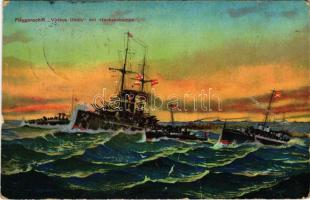 1915 Flaggenschiff "Viribus Unitis" mit Hochseebooten / WWI Austro-Hungarian Navy, K.u.K. Kriegsmarine art postcard, SMS Viribus Unitis dreadnought battleship. G.C. Pola 1915. Druck v. M. Schulz + "K.U.K. KRIEGSMARINE SMS SZIGETVÁR" (fa)