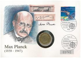 NSZK 1958G 2M aranyozott Cu-Ni "Max Planck" érmés borítékon bélyegzős bélyeggel, német nyelvű leírással T:XF GFR 1958G 2 Mark gilt Cu-Ni "Max Planck" in coin letter with stamp with description in German C:XF