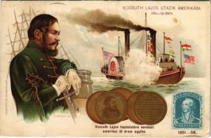 1908 Kossuth Lajos tiszteletére veretett amerikai 18 érem egyike; Kossuth Lajos utazik Amerikába 1851-1852-ben. Jelenetek Kossuth Lajos élete történetéből I. kiadás V. kép. Athenaeum Rt. Budapest, dombornyomott / Scenes from the life of Lajos Kossuth. Art Nouveau, Emb. litho s: K. Sávely D. (EK)