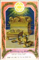 Boldog Újévet! Héber nyelvű zsidó újévi üdvözlőlap. Judaika / Jewish Art Nouveau New Year greeting postcard with Hebrew text, Judaica. litho