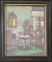 Keményffy Jenő (1875-1920): Szalon (enteriőr). Olaj, karton, jelezve jobbra lent. Dekoratív, üvegeze...