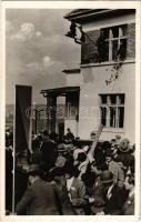 1938 Ipolyság, Sahy; bevonulás, magyar zászló "A Felvidék felszabadulásának első örömünnepe" / entry of the Hungarian troops, flag + "1938 Az első visszatért magyar város Ipolyság" So. Stpl. (EK)