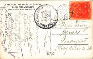 1938 Ipolyság, Sahy; bevonulás, magyar zászló "A Felvidék felszabadulásának első örömünnepe&quo...