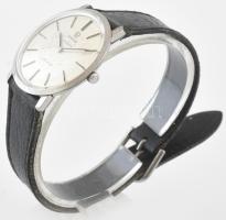 Omega Tühler kézi felhúzós karóra acél tokkal, kissé sérült számlappal .Jelzett működik,. bőr szíjja...