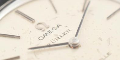 Omega Tühler kézi felhúzós karóra acél tokkal, kissé sérült számlappal .Jelzett működik,. bőr szíjja...
