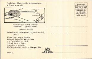Budapest XXII. Budafok, Kutyavilla halászcsárda, étterem belső, terasz. Hátoldalon térkép