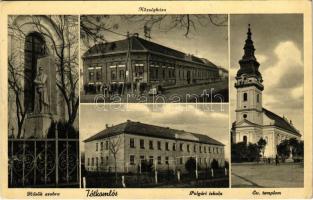 1939 Tótkomlós (Békés), Hősök szobra, községháza, polgári iskola, evangélikus templom. Asztalos Mária kiadása (EK)