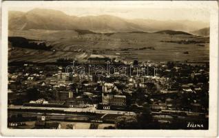 1933 Zsolna, Sillein, Zilina; látkép, vasútállomás, vonat, gőzmozdony / general view, railway station, train, locomotive (fl)