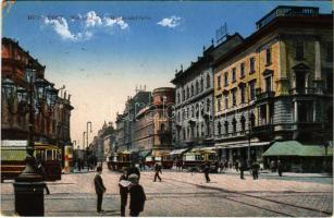 1915 Budapest VIII. Rákóczi út, villamosok, Hotel Orient szálloda, Emke kávéház (EK)