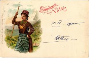 1900 Valais, Souvenir... Carl Künzli 4409. Art Nouveau, folklore, litho