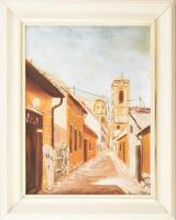 Losonci Lilla (1930-): Szentendre, Péter Pál templom. Olaj, farost, jelzett. Dekoratív fakeretben, 40×30 cm