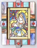 Peák István: Mária a kisdeddel. Tiffany üveg, jelzett, hátoldalán certifikációval, keretben. 25x19 cm (keretezett méret: 37x30 cm)