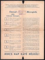 1937 Meinl Gyula Rt. Háztartásgazdasági Tanácsadója, étrend 1937. február hónapra, receptekkel, a lap szélén sérülésekkel