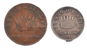 Olasz Államok / Napóleon Királysága 1809V 1c Cu "I. Napóleon" + 1813M 5s Ag "I. Napóleon" (fülnyom) C:VF,F Italian States / Kingdom of Napoleon 1809V 1 Centesimo Cu "Napoleon I" + 1813M 5 Soldi Ag "Napoleon I" (ear mark) C:VF,F