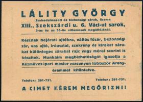 cca 1930 Lálity György Bp. XIII. Szekszárdi utca szabadalmaztatott és biztonsági zárak üzeme kétoldalas szórólap