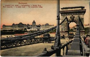 Budapest, Lánchíd, Királyi vár, omnibusz Kalodont reklámmal. "Taussig" 39. 1915/18. (EK)