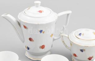 Zsolnay mokkás készlet. Négy személyes Kézzel festett, kopott, cukortartó tetejéről a gomb hiányzik