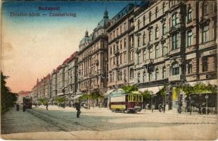 1915 Budapest VII. Erzsébet körút, Leszámítoló és pénzváltó bank, Leopold Gyula üzlete, villamosok + "K. K. Landsturm-Bataillon No. 85. 1. Compagnie" (ázott / wet damage)