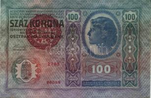 1912. 100K piros "Magyarország" körbélyegzővel (2x) egymásutáni sorszámmal T:I,I-