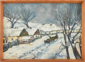 Zádor jelzéssel: Szán a havas faluban. Olaj, farost, keretben 38x52 cm