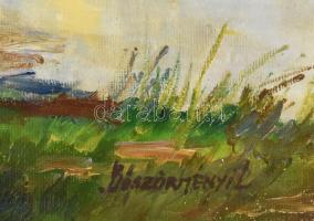 Böszörményi L. jelzéssel: Tó. házakkal. XX. sz eleje Olaj, vászon. Sérült keretben. 40x50 cm