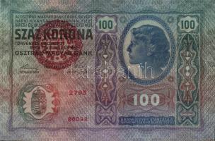1912. 100K piros "Magyarország" körbélyegzővel (2x) egymásutáni sorszámmal T:I,I-