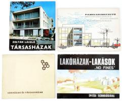 Vegyes társasházakkal kapcsolatos könyvétel, 4 db:   Lakóházak - lakások "no fines" építési technológiával. Bp., 1976., Ybl Miklós Építőipari Tervező Szövetkezet. Kiadói papírkötés.;   Sorsházak és társasházak. Összeáll.: Jákfalvy Ottó, Fekete Ferenc, Légány Zoltán, Rojkó Ervin, Szalkai Árpád. Bp., 1965., É. M. Típustervező Intézet. Kiadói papírkötés.;   Panelszerkezetű szőnyegházak, sorsházak, társasházak. Szerk.: Bottlik Mihály. Bp., 1967., ÉVM Típustervező Intézet. Kiadói papírkötés.;   Zoltán László: Társasházak. Bp., 1969., Műszaki. Gazdag fekete-fehér képanyaggal illusztrált. Kiadói papírkötés.;