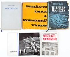 Perényi Imre 3 műve:   Település tervezés. Városépítéstan II. rész. Bp., 1958 - 1963, Tankönyvkiadó. 1. és 2. kiadás.;   A korszerű város. Gondolatok a várostervezés múltjáról és jövőjéről. Bp., 1967., Műszaki.;   Valamint 2 további művészeti könyvtétel:   Kóródi József - Kőszegfalvi György: Városfejlesztés Magyarországon. Bp., 1971., Kossuth.;   Városrendezés Magyarországon. Összeáll.: Virágh Pál. Bp., 1968., Városépítési Tudományos és Tervező Intézet.  Különféle kötésekben. Változó állapotban.