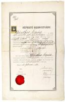 1904 Bp., képesítő bizonyítvány vasúti tisztképző tanfolyam elvégzéséről, Günther Árpád részére, viaszpecséttel, 1K okmánybélyeggel. Hajtva, kisebb sérülésekkel, 43x28 cm