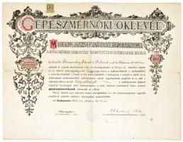 1925 Bp., M. Kir. József Műegyetem által kiállított gépészmérnöki diploma, torboszlói Bereczky Sándor részére, aláírásokkal, felzetes szárazpecséttel, 10000K okmánybélyeggel. Hajtva, szakadásokkal, 60x45 cm