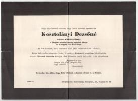 1967 Kosztolányi Dezsőné (1885-1967) Harmos Ilona (szül. Schlesinger), színésznő, író, Kosztolányi Dezső feleségének gyászjelentése. Hajtva, kis lapszéli szakadásokkal, 26x19 cm