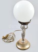 Asztali lámpa Antik nikkelezett szec/art deco női alak tart feje felett nagy méretű mattfehér gömb üveg lámpabúrát, új kábelezéssel M50cm Talp 16cm