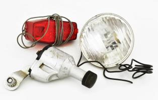 Vintage világítás szett kerékpárokhoz, 1 dinamó,1 első fényszoró,1 hátsó sárhányóra szerelhető piros lámpa test