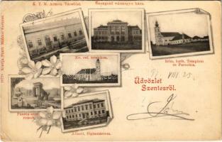 1899 (Vorläufer) Szentes, Állami Főgimnázium, Pusztaszeri romok, evangélikus református templom, K. T. M. Armen. Társulat, Osongrád vármegye háza, római katolikus templom és Parochia. Kiadja Stark Nándor. Art Nouveau, floral (Rb)