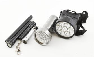 6 db klf.elemlámpa,hagyományos égős és LED-es,egy fejlámpa,elemek nélkül,nem kipróbált