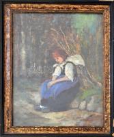 Olvashatatlan jelzéssel, Munkácsy Mihály után: Rőzsehordó nő. Olaj, karton. Üvegezett, kissé sérült ...